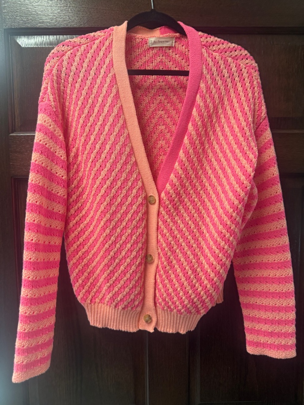 Women's Pink Striped V-Neck Button Cardigan Sweater